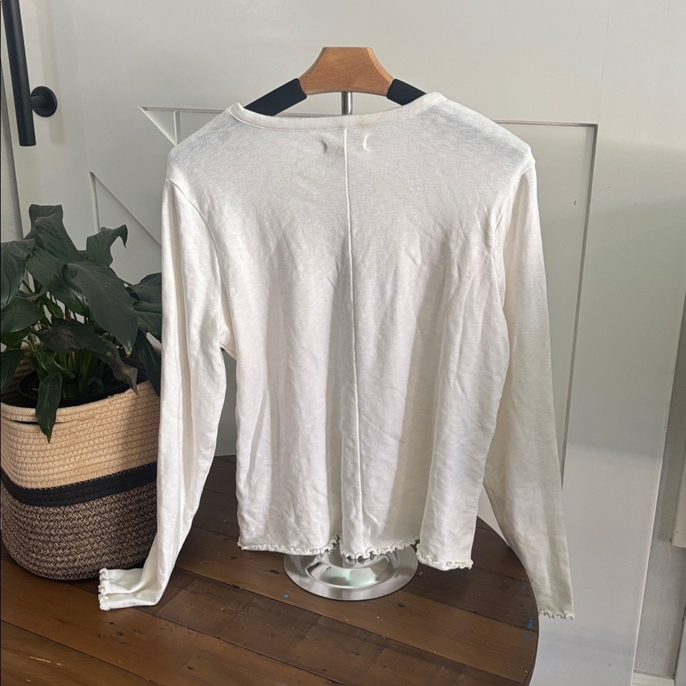 Madewell White Lettuce Edge Long Sleeve Baby Tee XL 90s Y2K Fitted Ribbed Top - Picture 3 of 9